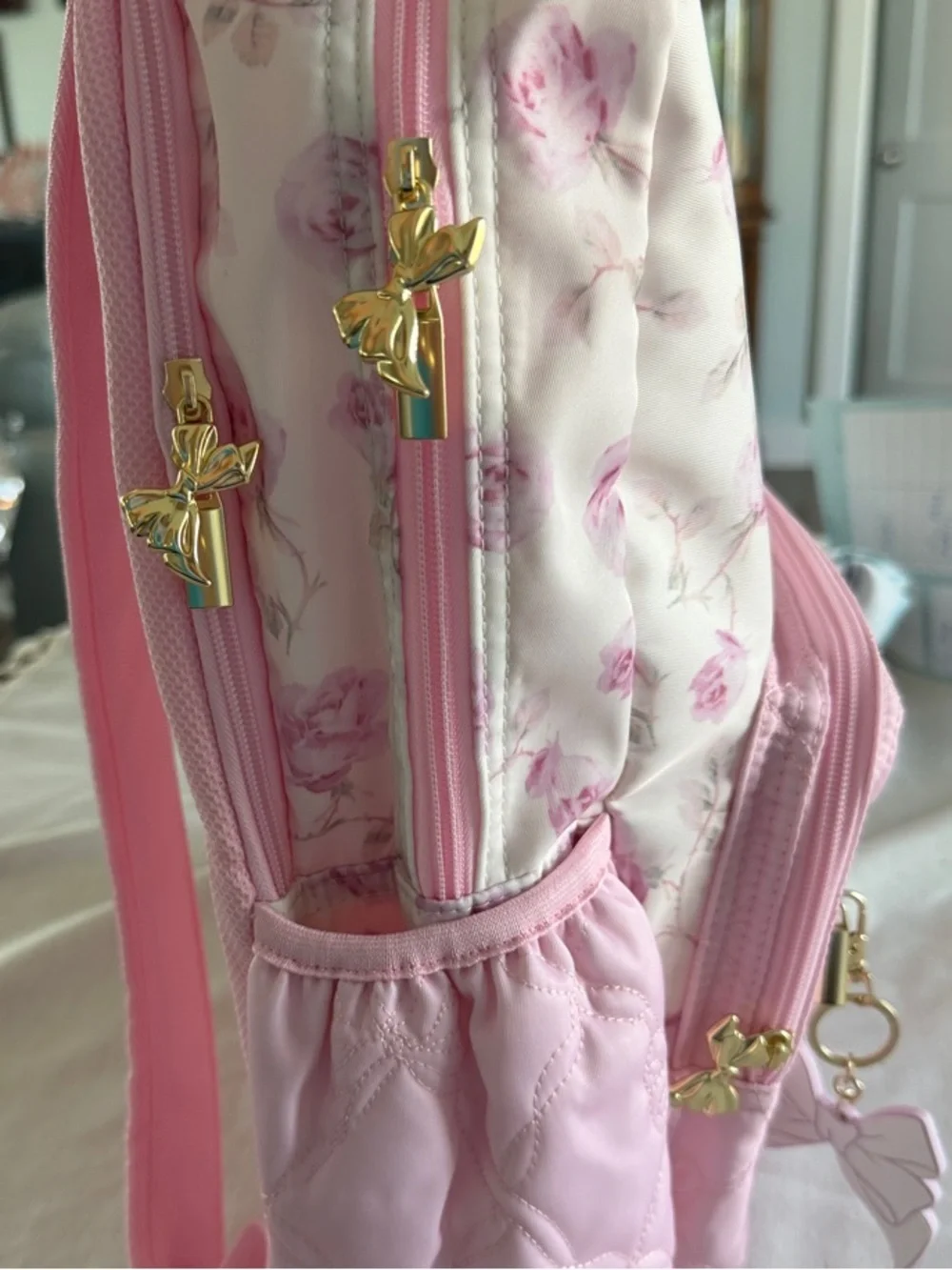 LoveShackFancy Pink Floral Quilted Kids Backpack with Bow Charm